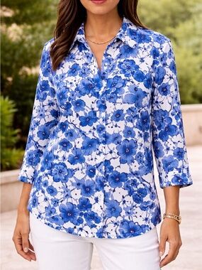 Ninety Blue and White Floral Button-Down Shirt